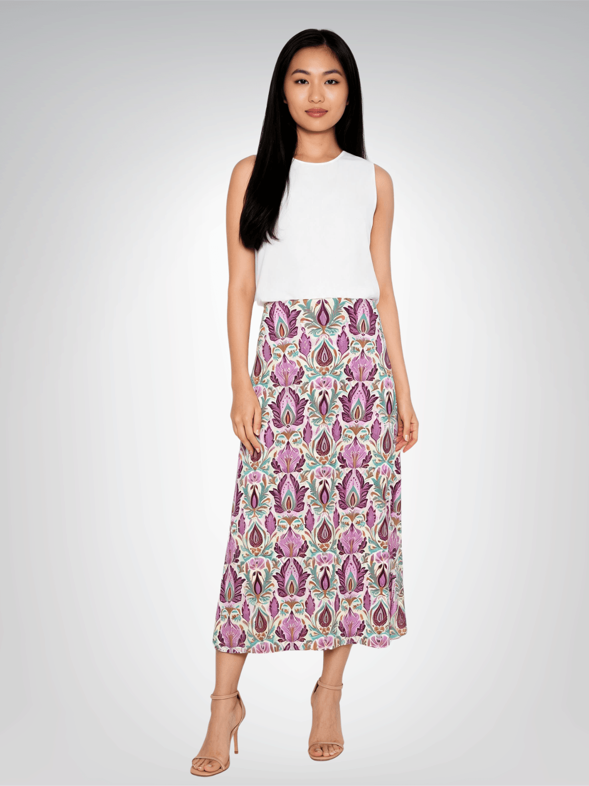 Maharani Bloom in Purple and Pink Floral Midi Skirt