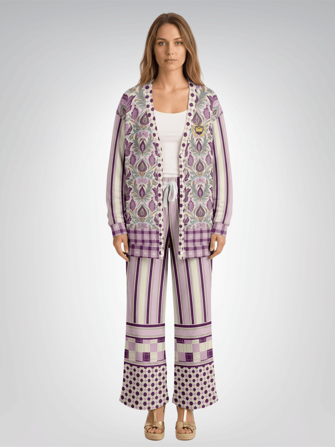 Maharani Bloom in Purple and Pink Stripe Eco-Poly Wide Leg Pants