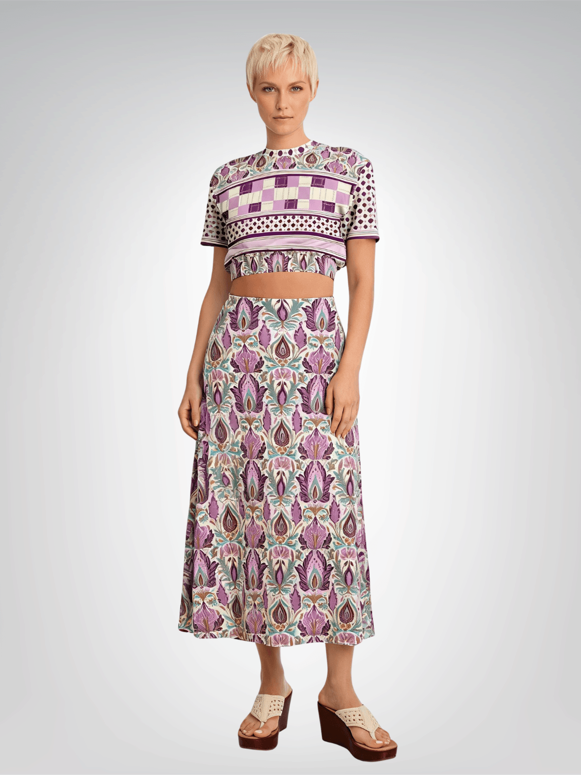 Maharani Bloom in Purple and Pink Floral Midi Skirt