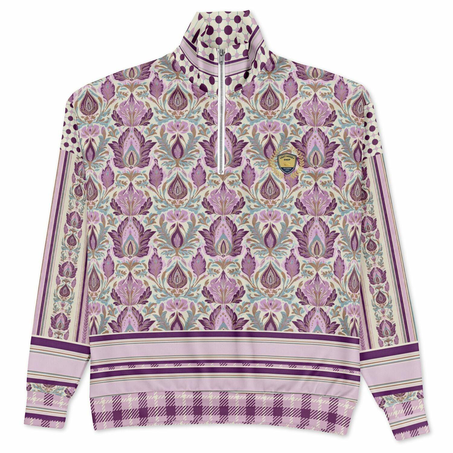 Maharani Bloom in Purple and Pink Stripe Floral Heavyweight Oversized Quarter Zip Sweatshirt