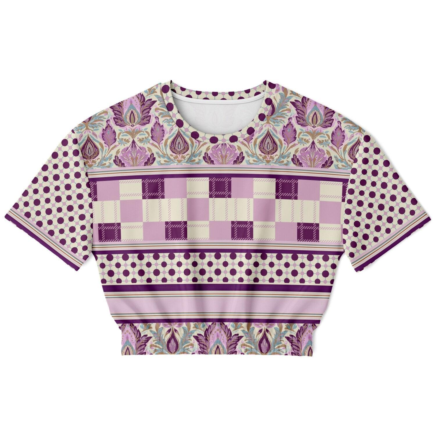 Maharani Bloom in Purple and Pink Floral Plaid Eco-Poly Short Sleeve Cropped Pullover