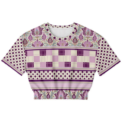 Maharani Bloom in Purple and Pink Floral Plaid Eco-Poly Short Sleeve Cropped Pullover
