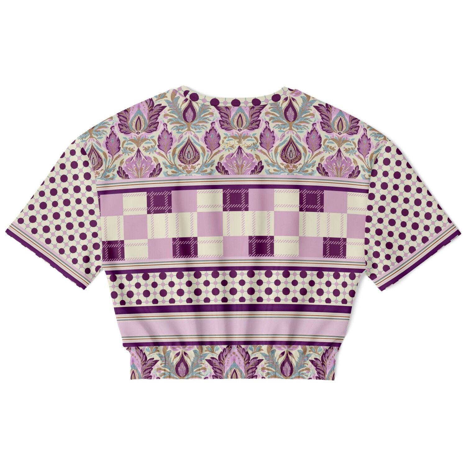Maharani Bloom in Purple and Pink Floral Plaid Eco-Poly Short Sleeve Cropped Pullover