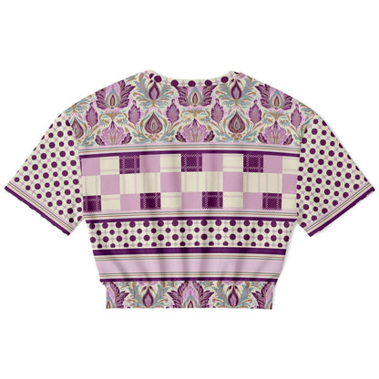 Maharani Bloom in Purple and Pink Floral Plaid Eco-Poly Short Sleeve Cropped Pullover