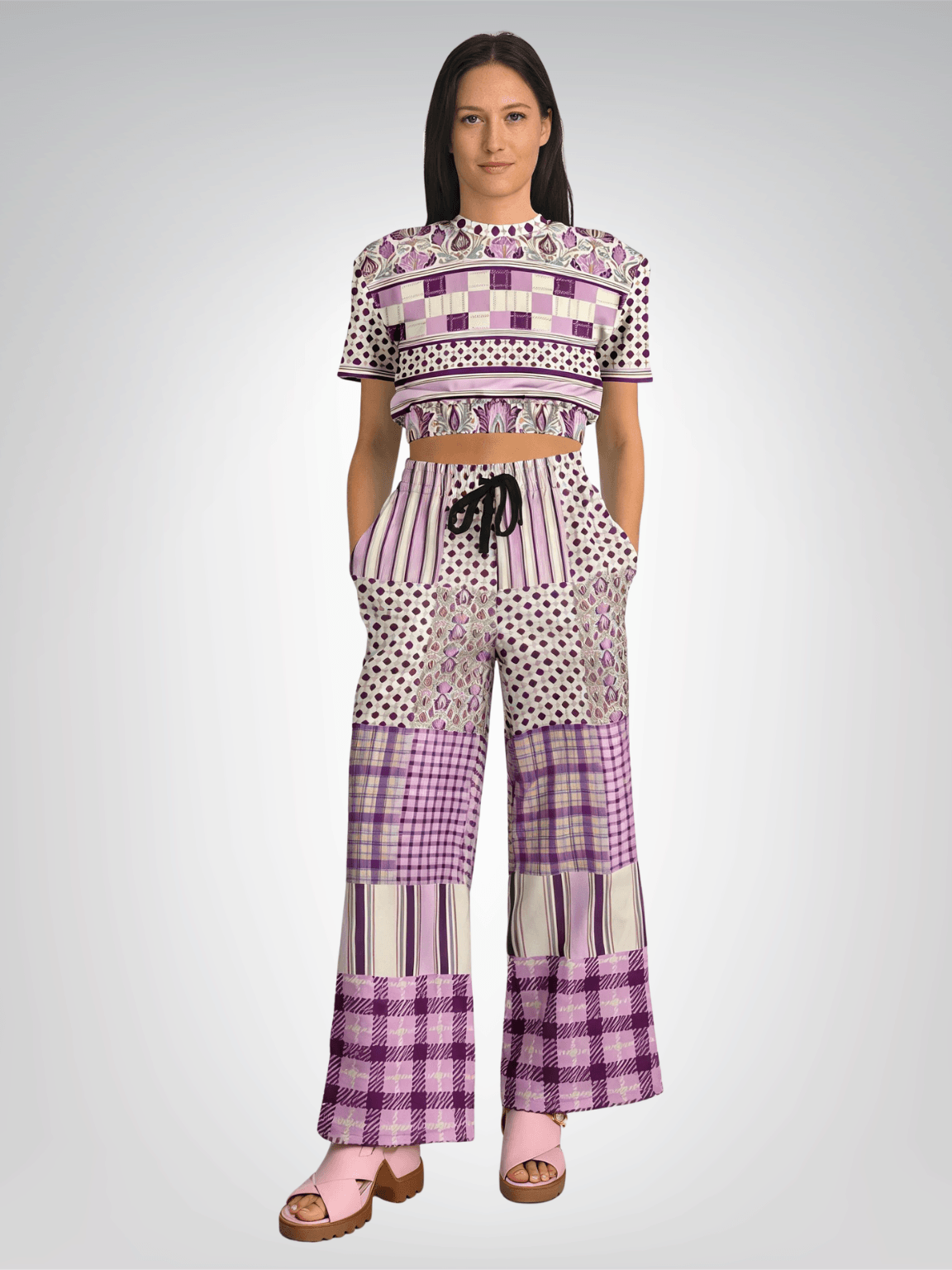 Maharani Bloom in Purple and Pink Floral Plaid Eco-Poly Short Sleeve Cropped Pullover