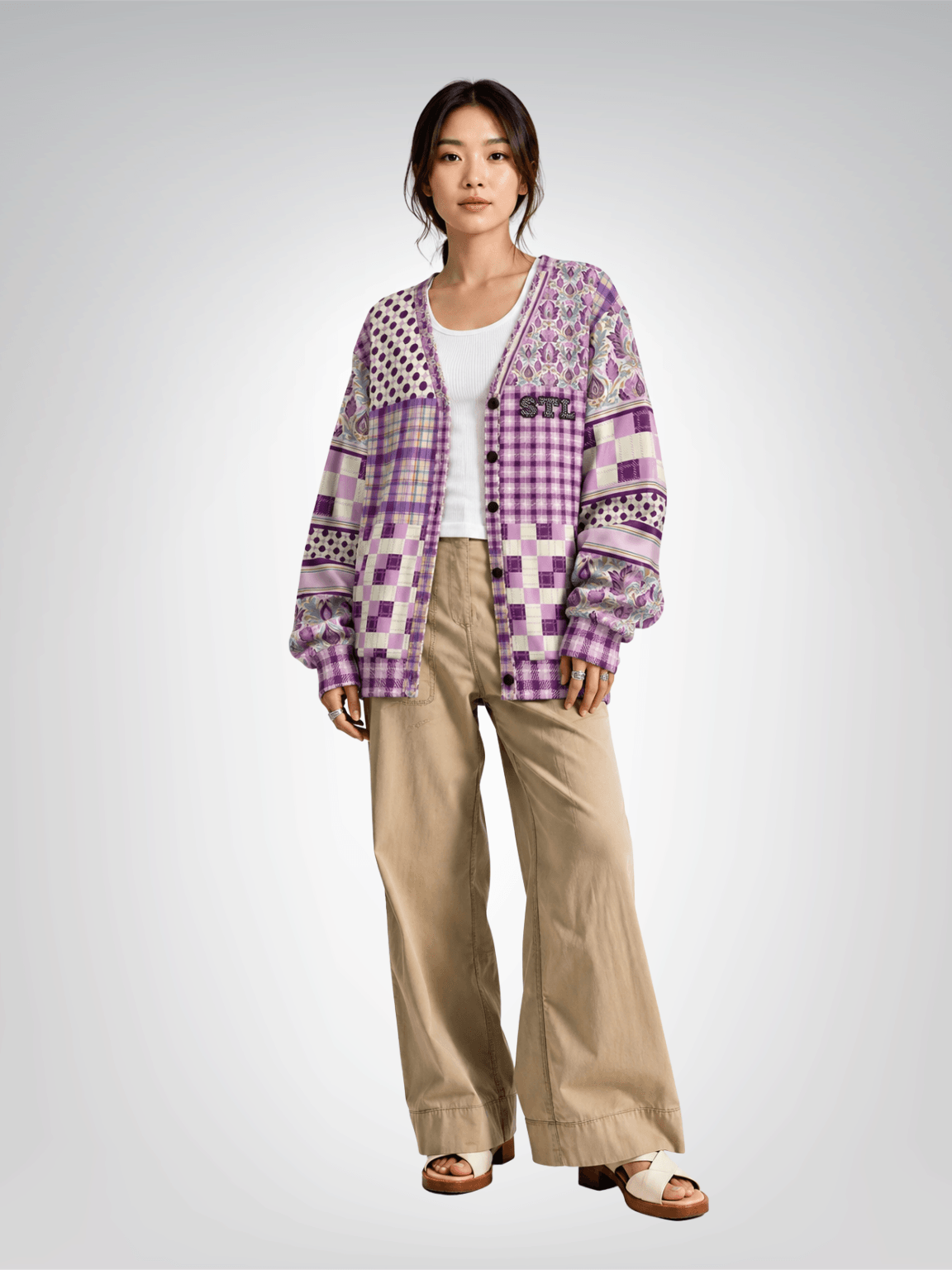 Maharani Bloom in Purple and Pink Patchwork Heavyweight Unisex Cardigan