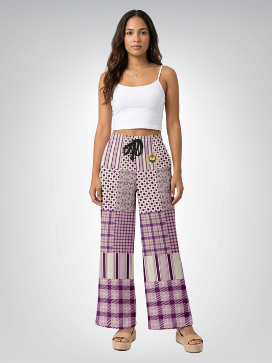 Maharani Bloom in Purple and Pink Patchwork Eco-Poly Wide Leg Pants