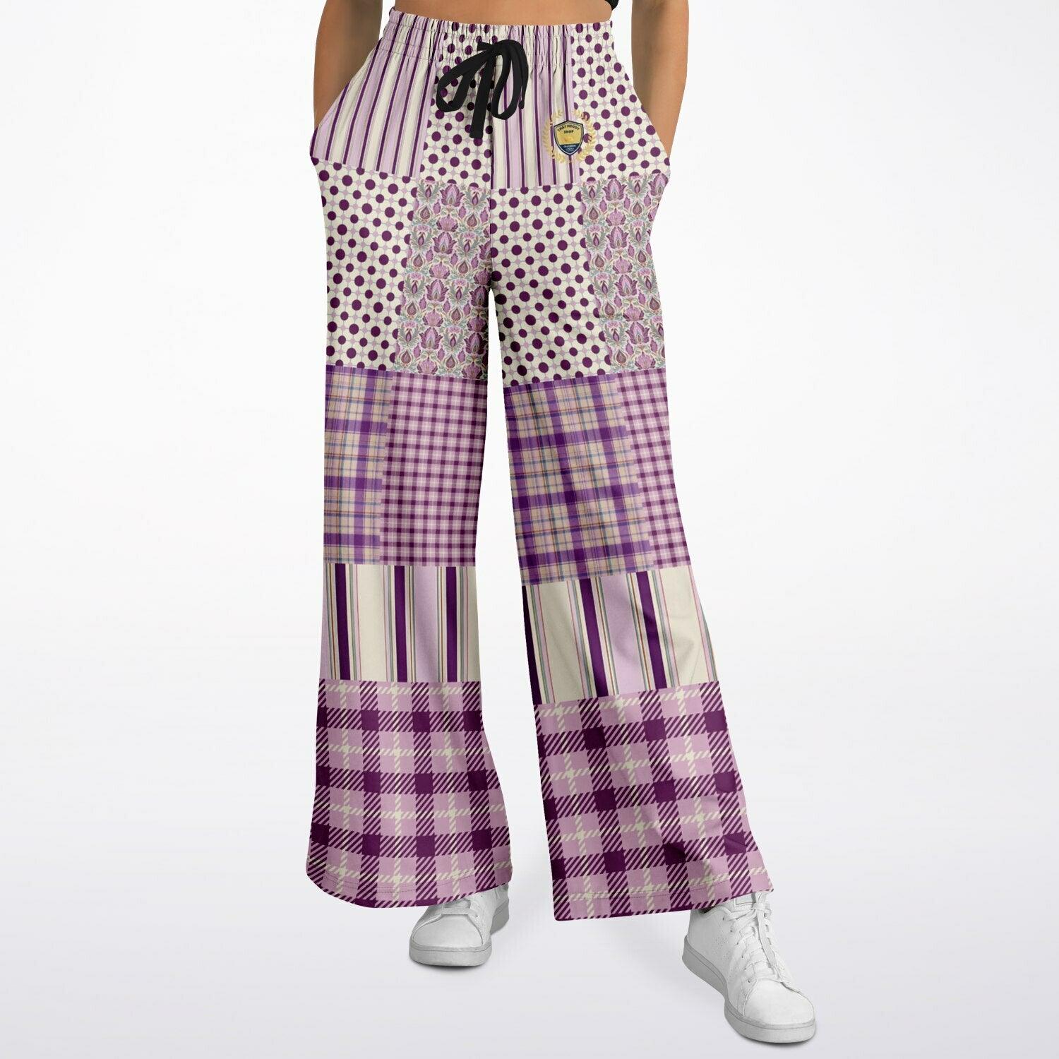 Maharani Bloom in Purple and Pink Patchwork Eco-Poly Wide Leg Pants