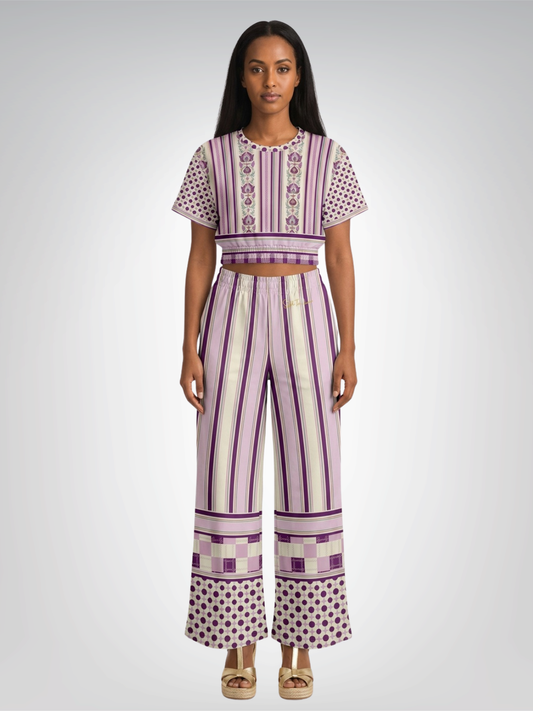 Maharani Bloom in Purple and Pink Stripe Eco-Poly Wide Leg Pants