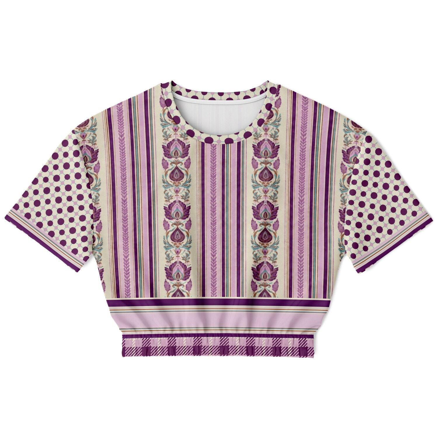 Maharani Bloom in Purple and Pink Stripe Floral Eco-Poly Short Sleeve Cropped Pullover
