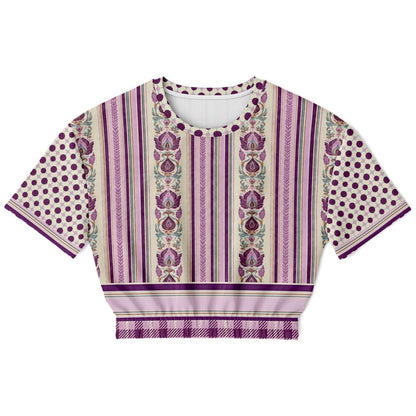 Maharani Bloom in Purple and Pink Stripe Floral Eco-Poly Short Sleeve Cropped Pullover