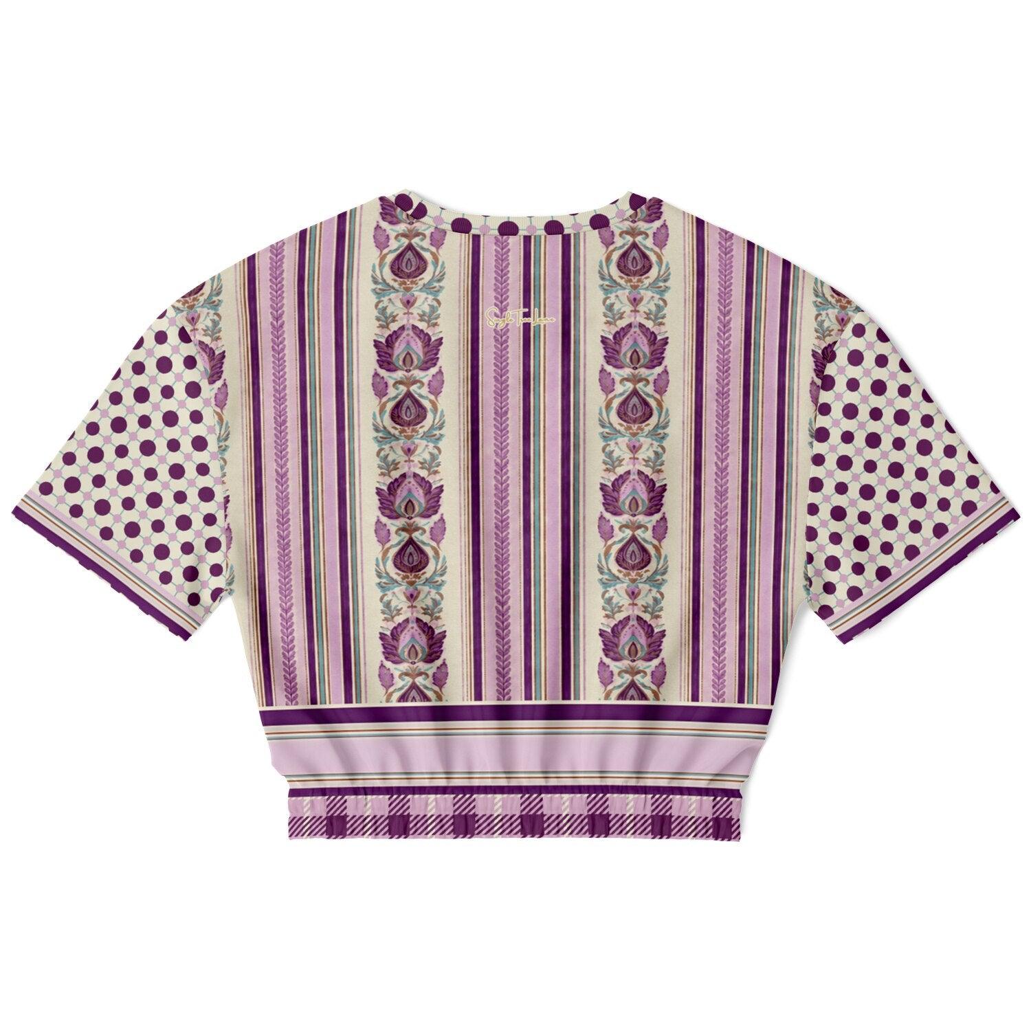 Maharani Bloom in Purple and Pink Stripe Floral Eco-Poly Short Sleeve Cropped Pullover