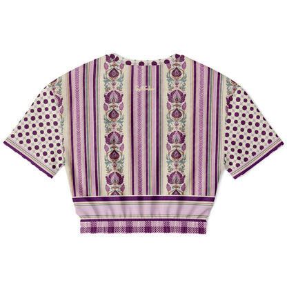 Maharani Bloom in Purple and Pink Stripe Floral Eco-Poly Short Sleeve Cropped Pullover