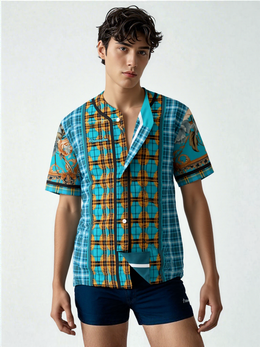 Maldives in the Background Plaid Geo Short Sleeve Eco-Poly Reversible Baseball Jersey
