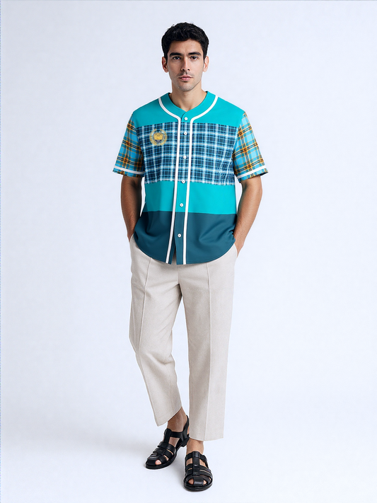 Maldives in the Background Plaid Geo Short Sleeve Eco-Poly Reversible Baseball Jersey