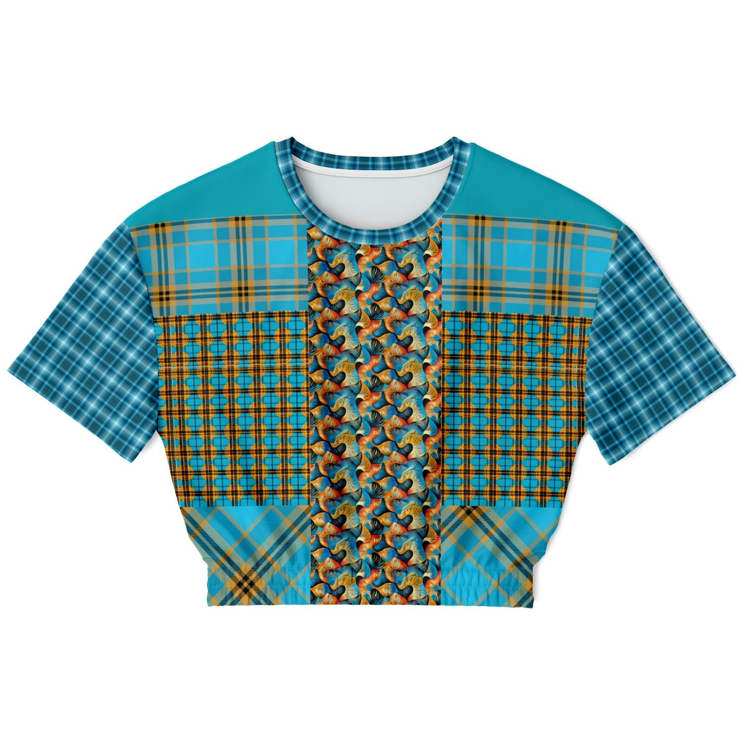 Maldives in the Background Plaid Geometric Eco-Poly Short Sleeve Cropped Pullover
