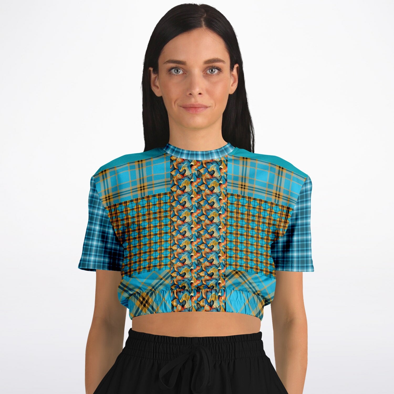 Maldives in the Background Plaid Geometric Eco-Poly Short Sleeve Cropped Pullover