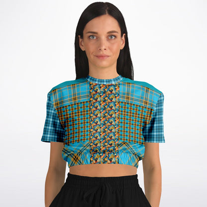 Maldives in the Background Plaid Geometric Eco-Poly Short Sleeve Cropped Pullover