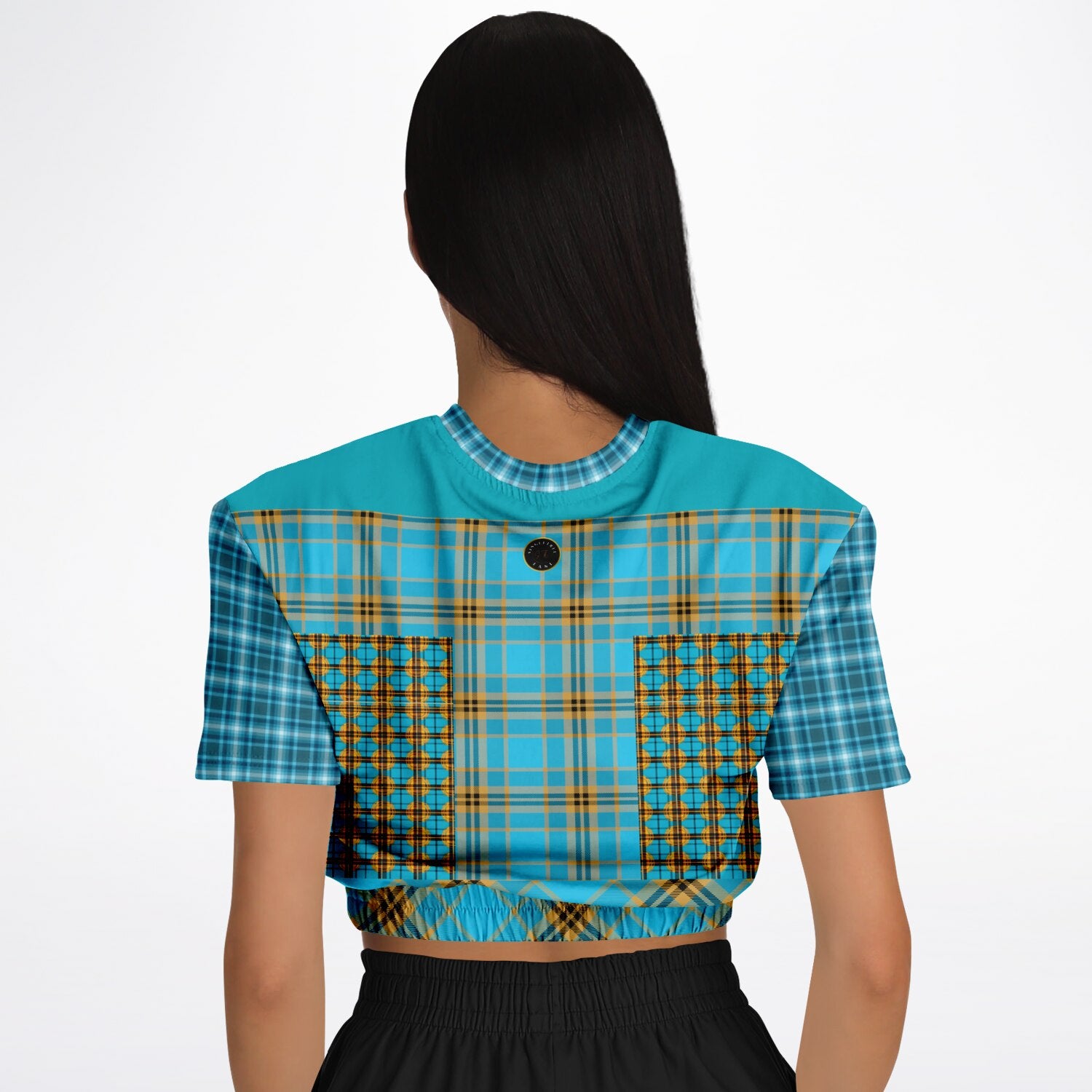 Maldives in the Background Plaid Geometric Eco-Poly Short Sleeve Cropped Pullover