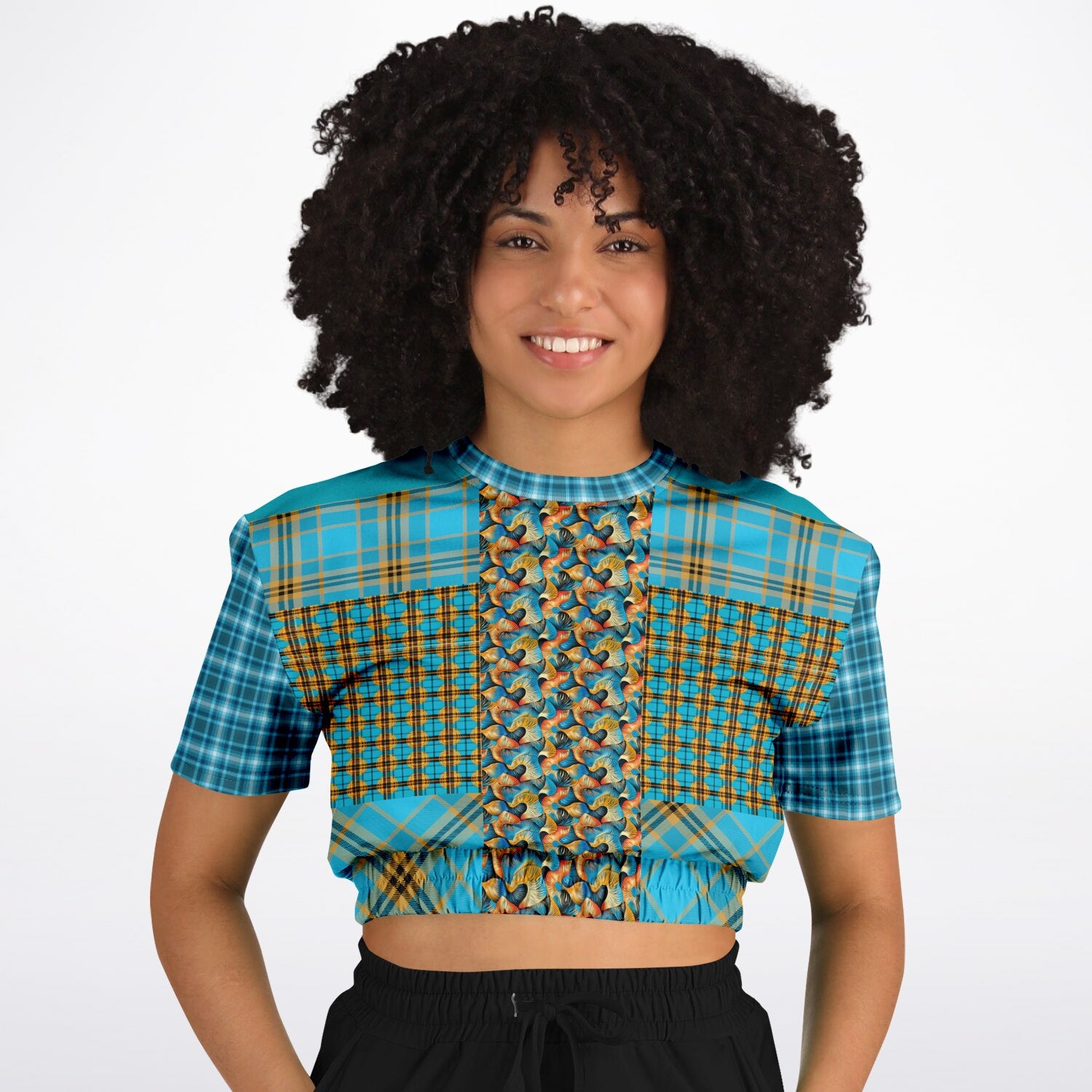 Maldives in the Background Plaid Geometric Eco-Poly Short Sleeve Cropped Pullover
