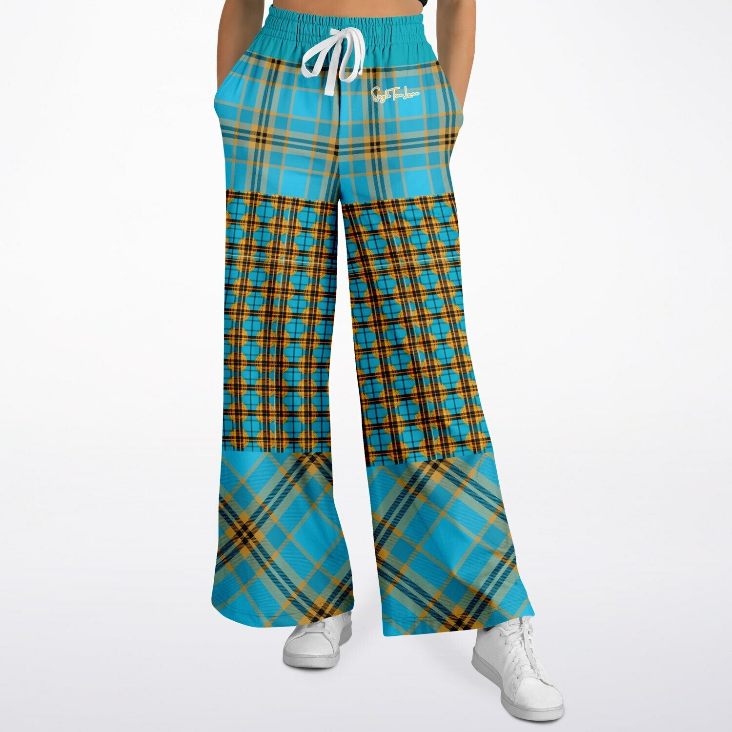 Maldives in the Background Plaid Geo Eco-Poly Wide Leg Pants