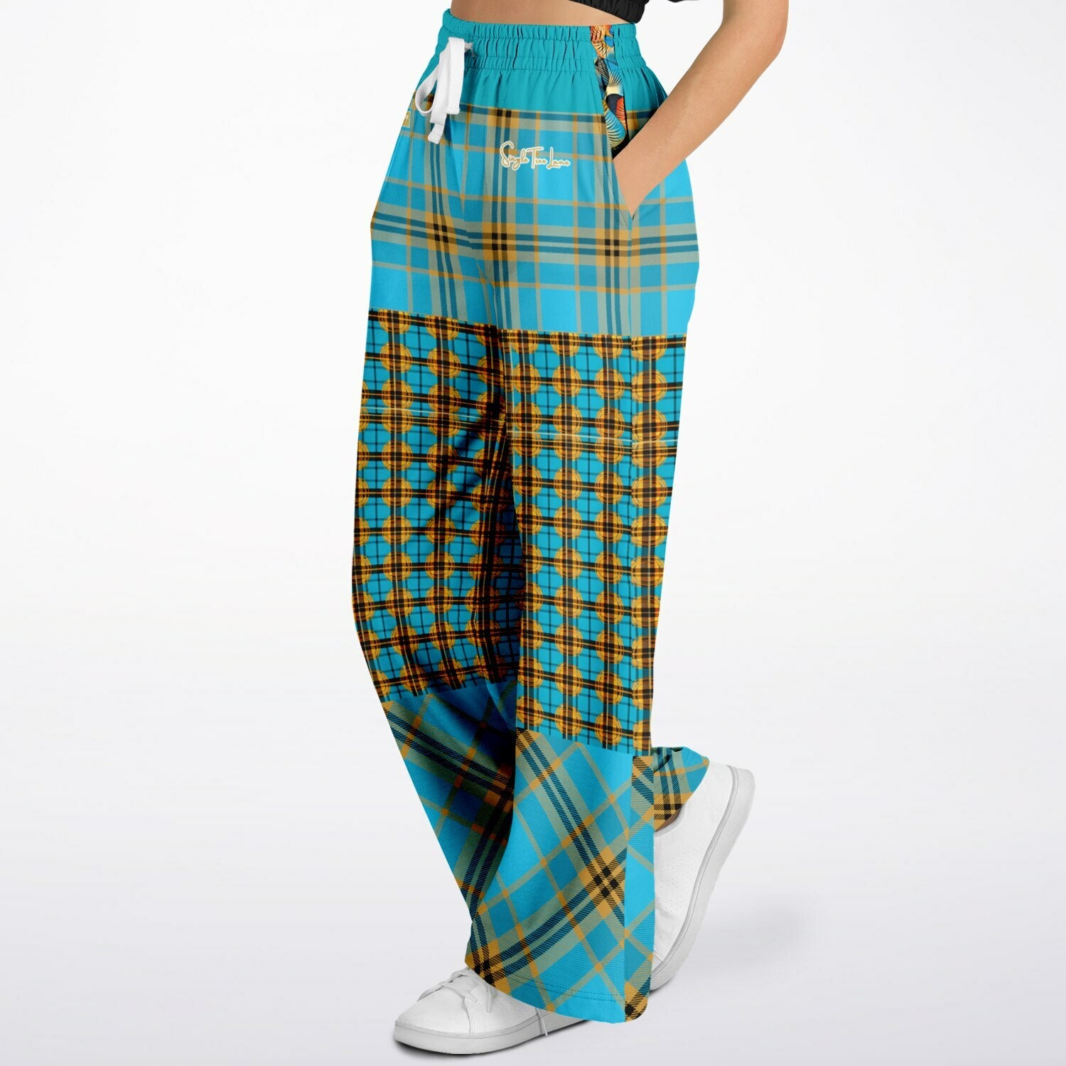 Maldives in the Background Plaid Geo Eco-Poly Wide Leg Pants