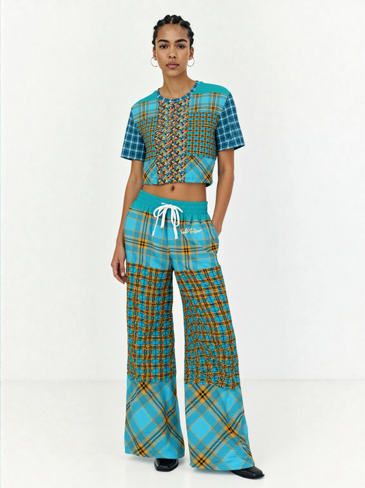 Maldives in the Background Plaid Geo Eco-Poly Wide Leg Pants