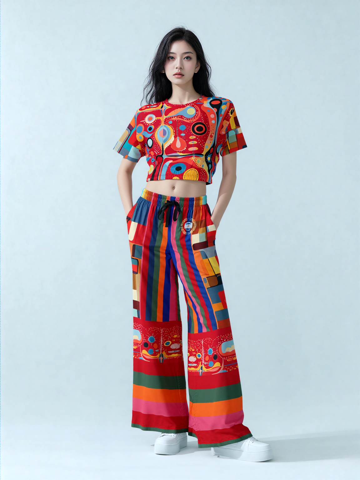 Mardi Gras in Brazil Abstract Geo Eco-Poly Wide Leg Pants