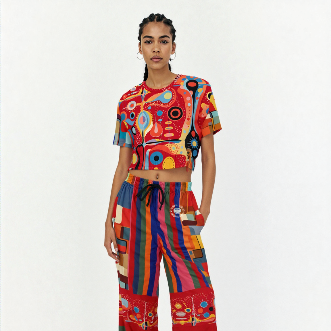 Mardi Gras in Brazil Abstract Geo Eco-Poly Short Sleeve Cropped Pullover