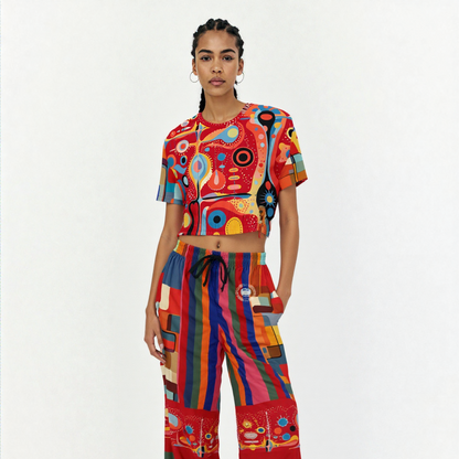 Mardi Gras in Brazil Abstract Geo Eco-Poly Short Sleeve Cropped Pullover