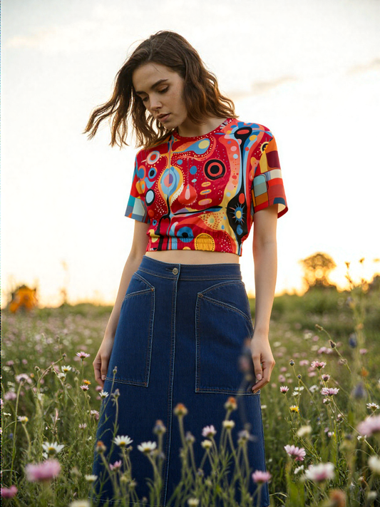 Mardi Gras in Brazil Abstract Geo Eco-Poly Short Sleeve Cropped Pullover