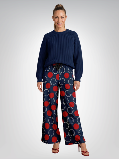 Maru Circle in Blue and Red Geometric Eco-Poly Wide Leg Pants