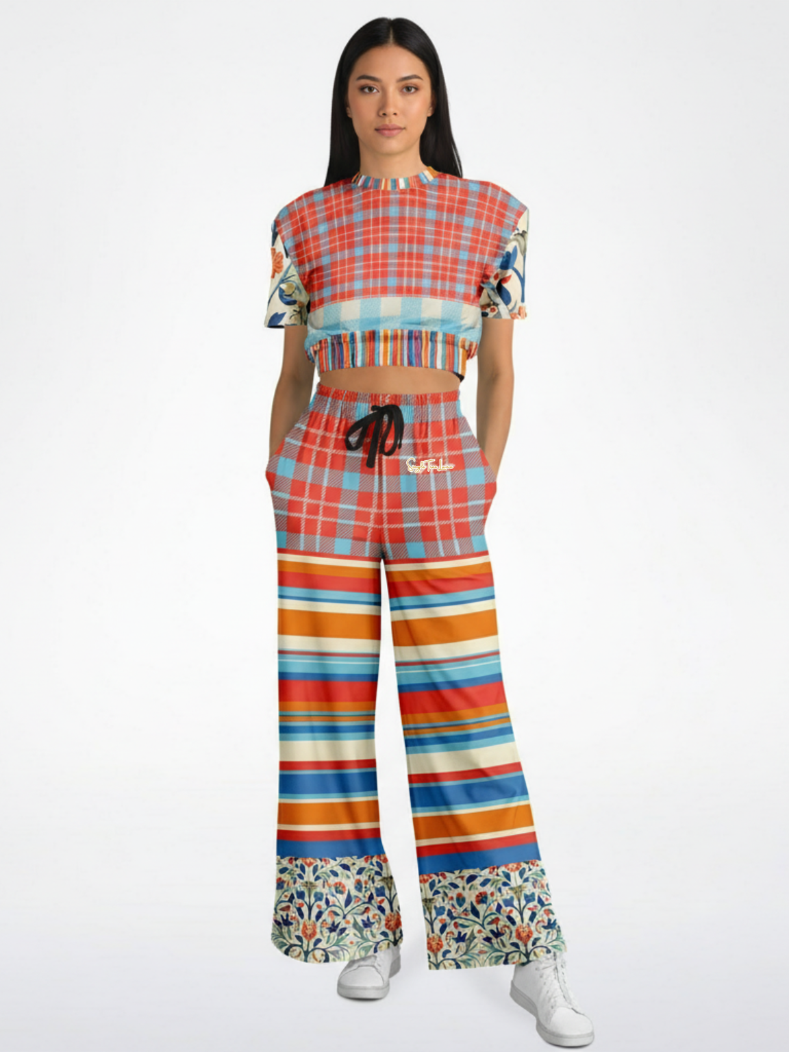 Meet Me in Andalusia Floral Plaid Eco-Poly Short Sleeve Cropped Pullover