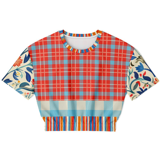 Meet Me in Andalusia Floral Plaid Eco-Poly Short Sleeve Cropped Pullover