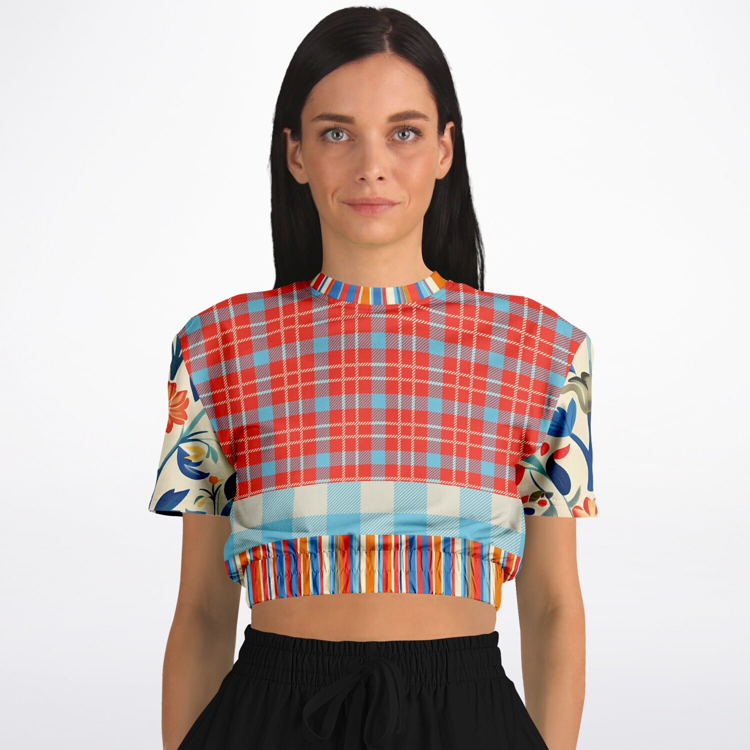 Meet Me in Andalusia Floral Plaid Eco-Poly Short Sleeve Cropped Pullover