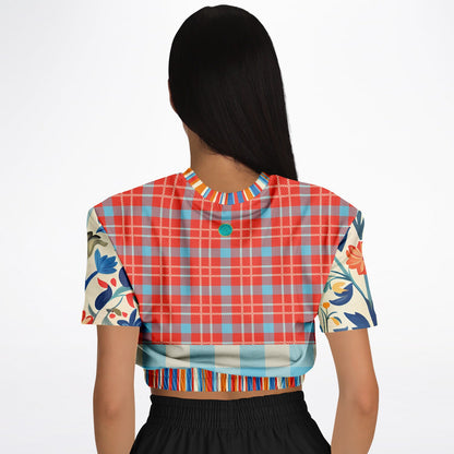 Meet Me in Andalusia Floral Plaid Eco-Poly Short Sleeve Cropped Pullover
