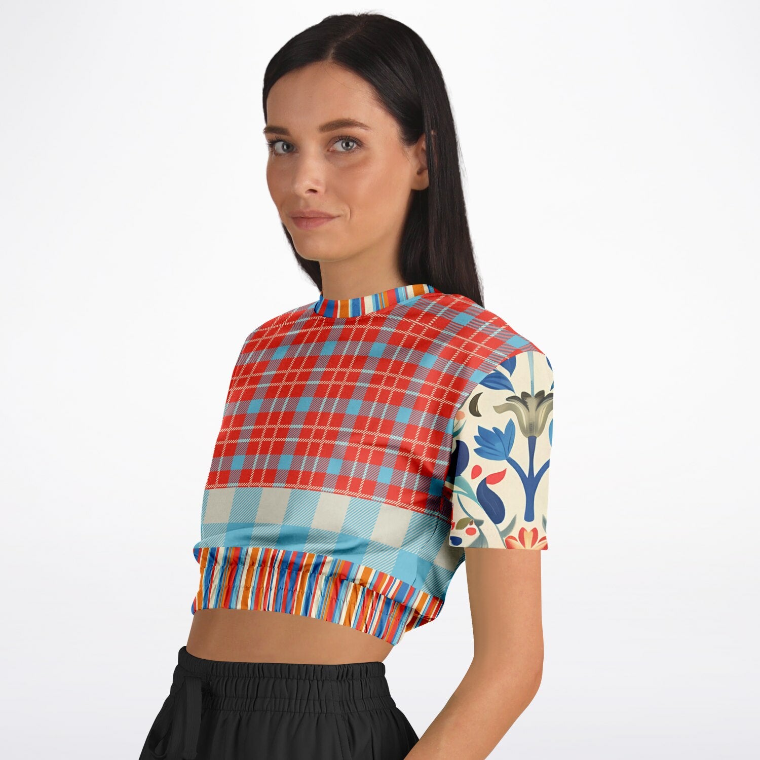 Meet Me in Andalusia Floral Plaid Eco-Poly Short Sleeve Cropped Pullover