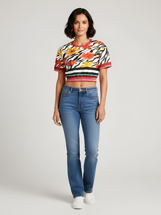 Meet Me in Tangiers in Striped Floral Eco-Poly Short Sleeve Cropped Pullover