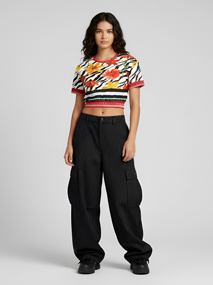 Meet Me in Tangiers in Striped Floral Eco-Poly Short Sleeve Cropped Pullover
