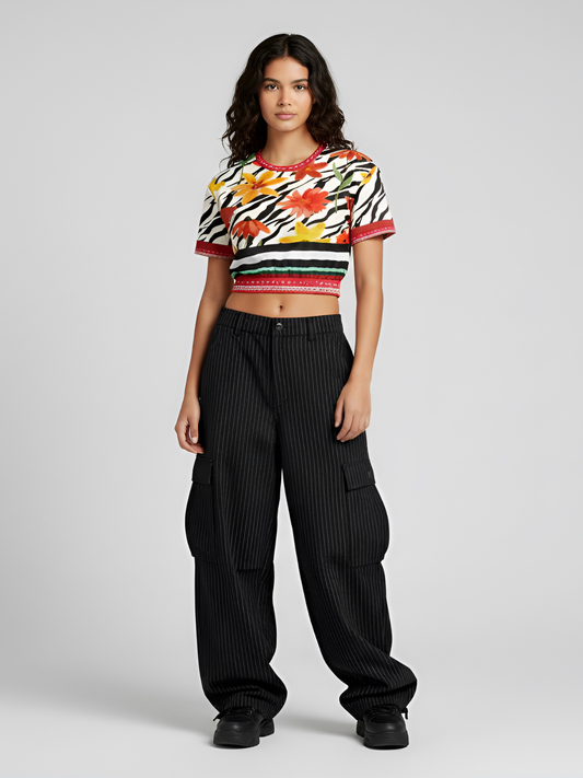 Meet Me in Tangiers in Striped Floral Eco-Poly Short Sleeve Cropped Pullover