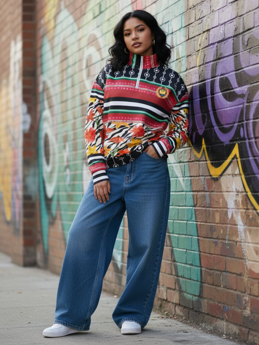 Meet Me in Tangiers in Striped Floral Heavyweight Oversized Quarter Zip Sweatshirt