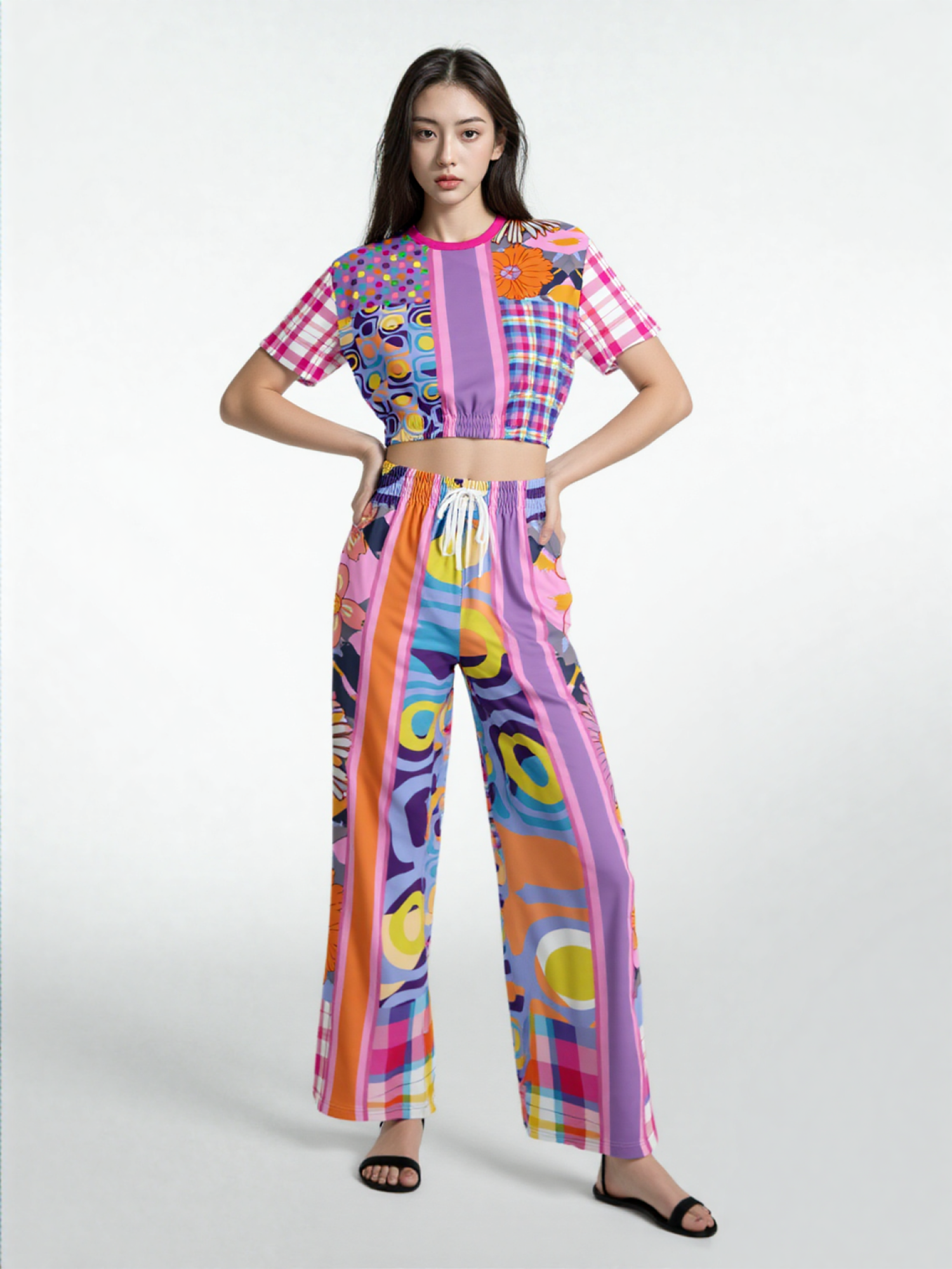 Mercury Retrograde Floral Plaid Eco-Poly Wide Leg Pants