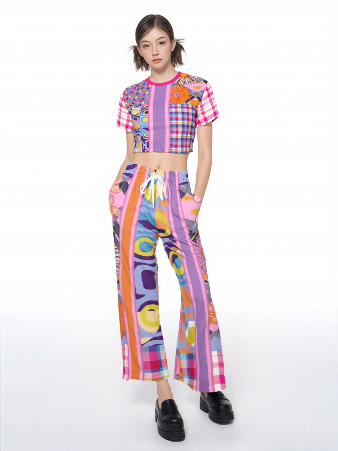 Mercury Retrograde Floral Plaid Eco-Poly Wide Leg Pants