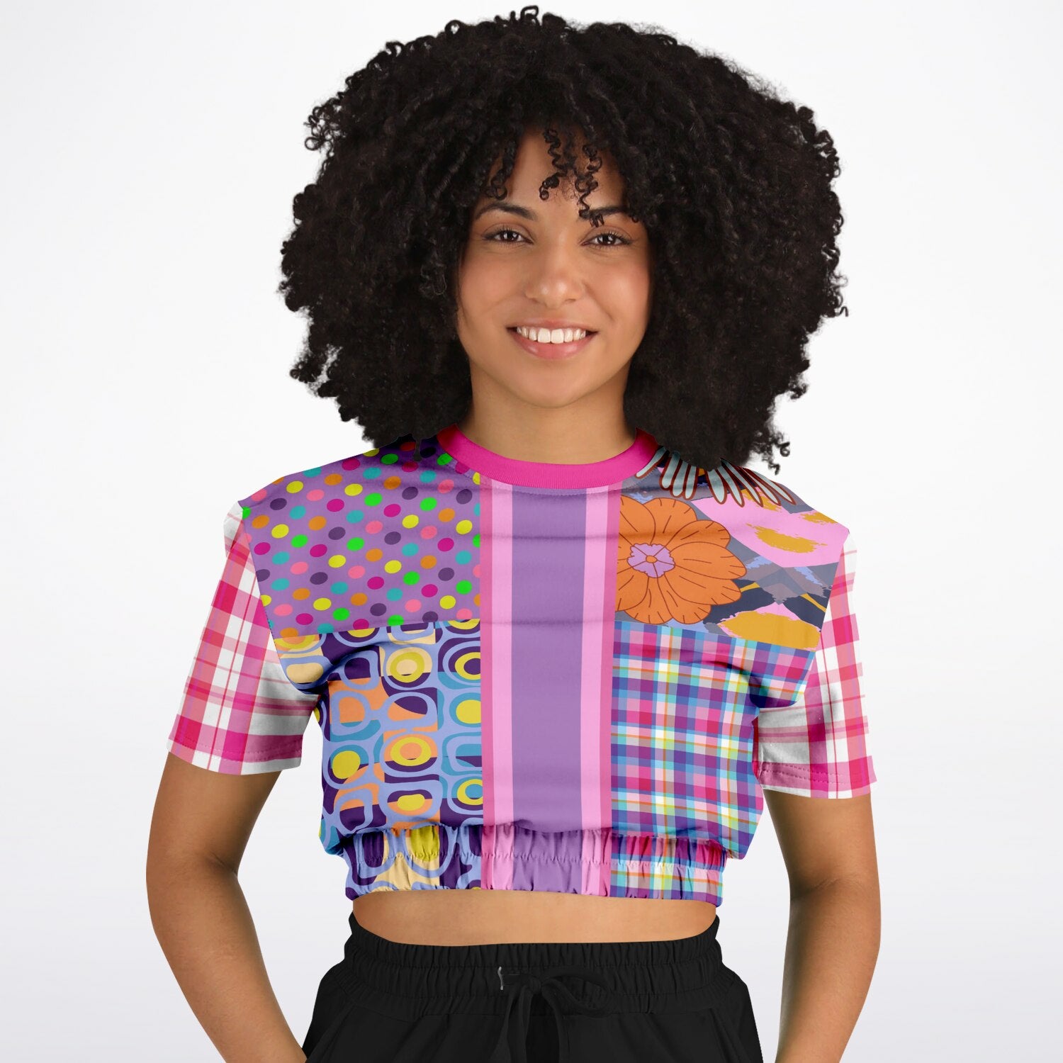 Mercury Retrograde Patchwork Print Eco-Poly Short Sleeve Cropped Pullover