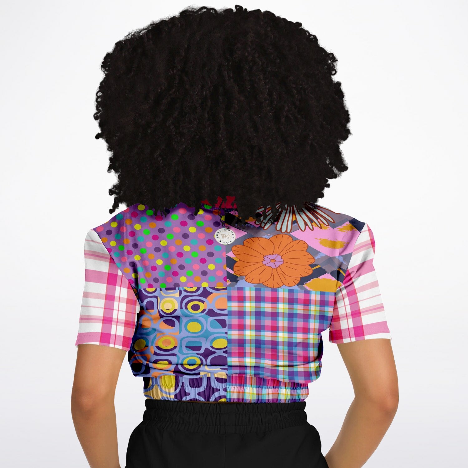 Mercury Retrograde Patchwork Print Eco-Poly Short Sleeve Cropped Pullover