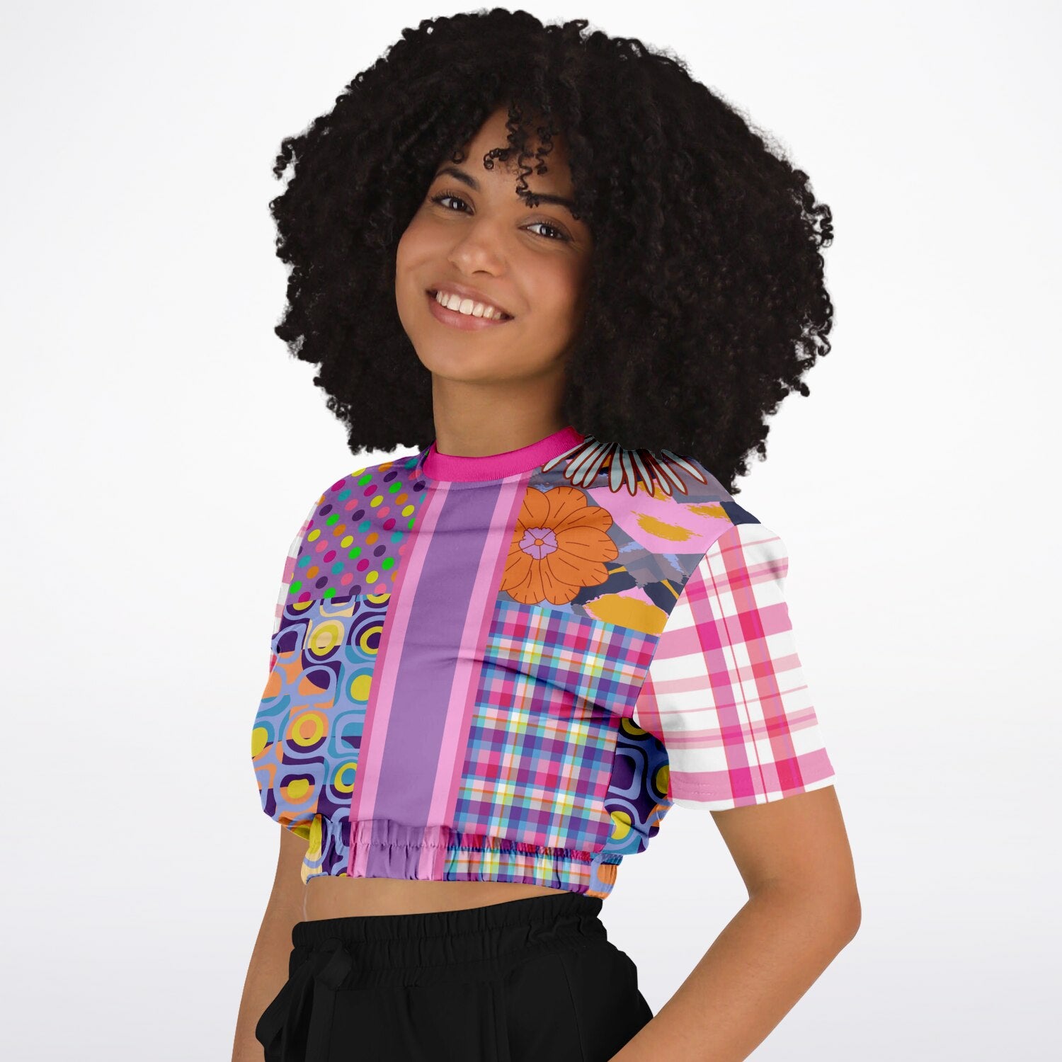 Mercury Retrograde Patchwork Print Eco-Poly Short Sleeve Cropped Pullover