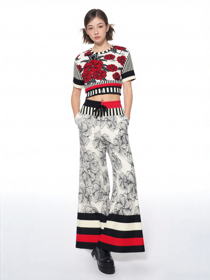 Moonlight in Twilight Floral Stripe Eco-Poly Wide Leg Pants