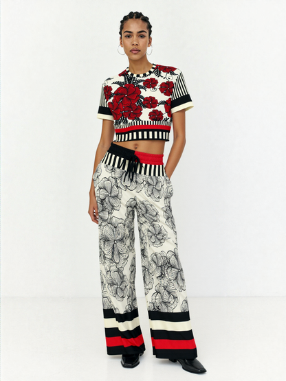 Moonlight in Twilight Floral Stripe Eco-Poly Wide Leg Pants