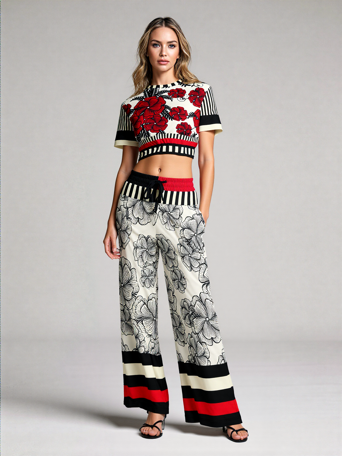 Moonlight in Twilight Floral Stripe Eco-Poly Wide Leg Pants