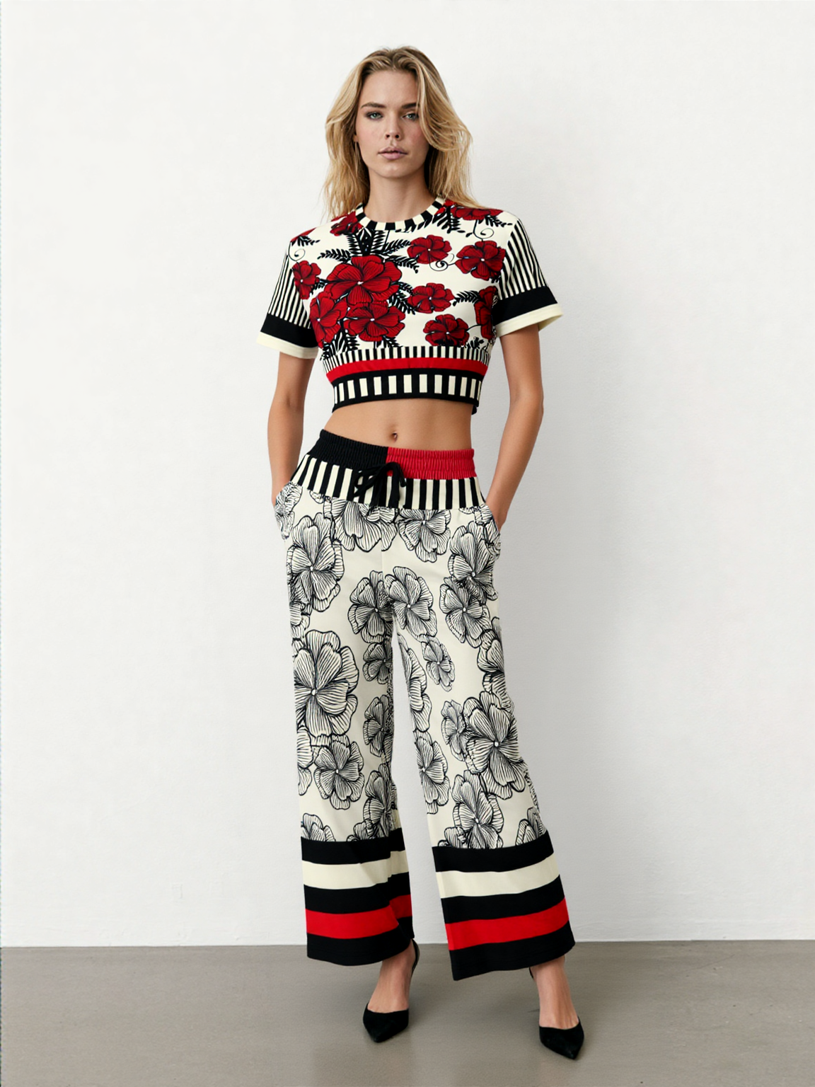 Moonlight in Twilight Floral Stripe Eco-Poly Wide Leg Pants